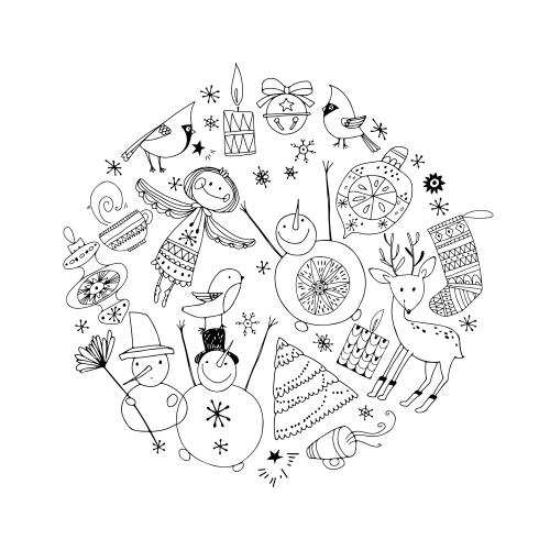 Vogel. Vektor Engel, Schneemänner, Elch, Spielzeug, Kerzen und andere Winterfesttagsymbole im Kreis auf weißem