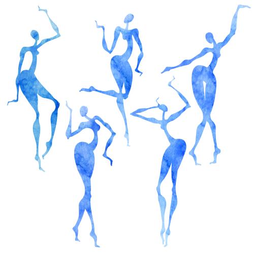 Vektorgrafik tanzende frauen, blaue aquarellsilhouetten auf weißem