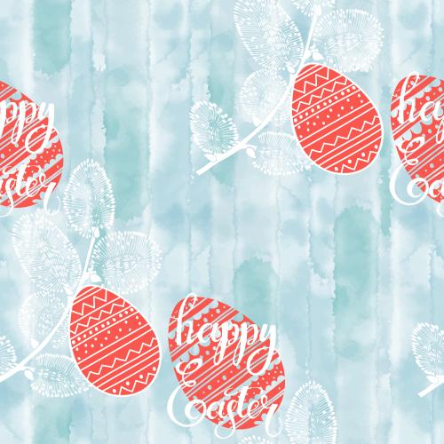 Ostern. Vektor Weidenäste, rote Ostereier und Aufschriften Happy Easter auf blauer Aquarellfarbe