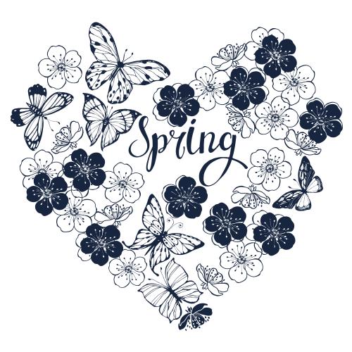 Vektorgrafik komposition in form eines herzens mit schmetterlingen, blumen und schriftzug spring auf weißem
