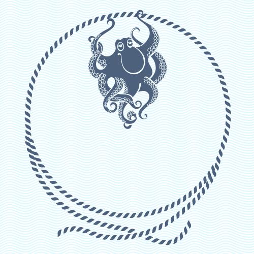 Oktopus. Vektor runder Seestraß-Rahmen mit einem cartoonartigen Tintenfisch auf blauen Wellen