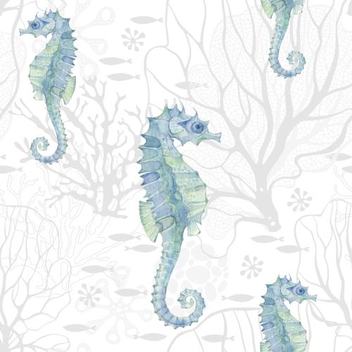 Rasterbild aquarell-meerrosse, algen, korallen und fische auf weißem