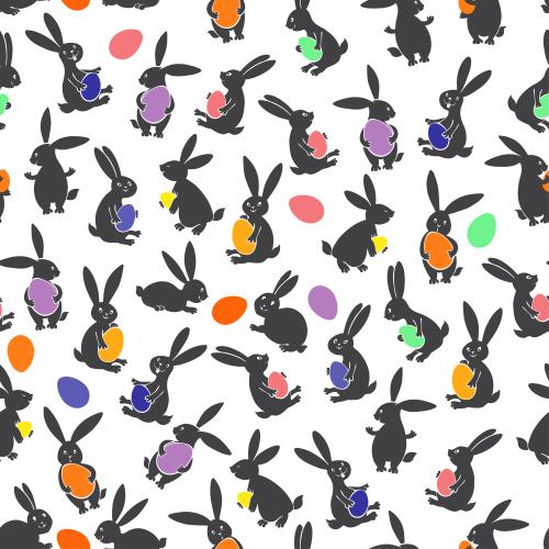 Hase. Vektor silhouetten hübscher Kaninchen mit mehrfarbigen Oster-Eiern auf weiß