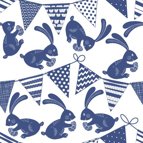 Hase. Vektor Hübsche Kaninchen mit Oster-Eiern und Girlanden mit Fahnen, blaue Silhouetten auf weiß