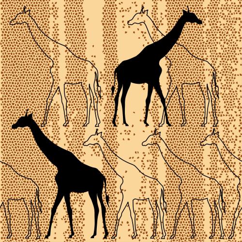 Mosaik. Vektor giraffen schwarze Silhouetten und Konturen auf einer Mosaikstruktur