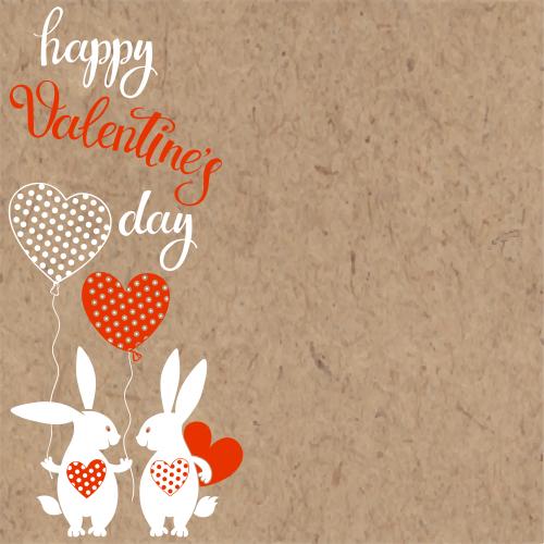 Vektorgrafik zwei niedliche kaninchen mit luftballons, einem herzen und einer aufschrift "happy valentine's day", rote und weiße silhouetten auf kraftpapier