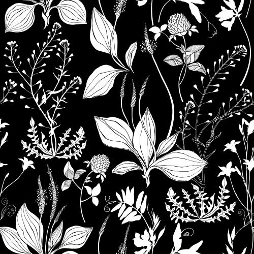 Hirtentäschel. Vektor Schafsack, Gänseblümchen, Klee, Glockenblume, Weiße Silhouetten auf schwarzem