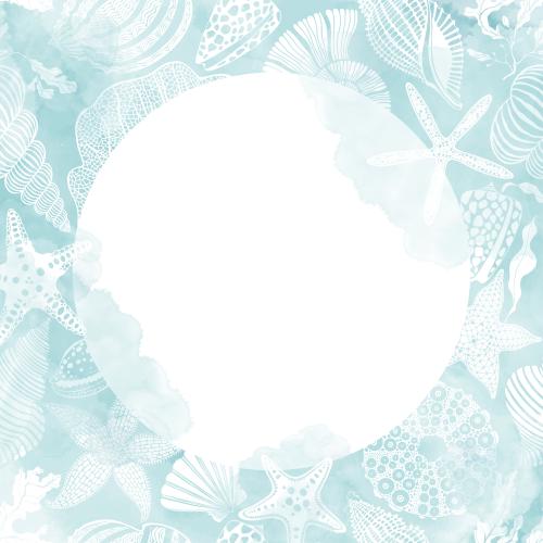 Bild Meersterne, Muscheln, Nautilus, Meeresschweinchen, Korallen, Algen, auf blauem Aquarell, weißer kreisförmiger Textplatz