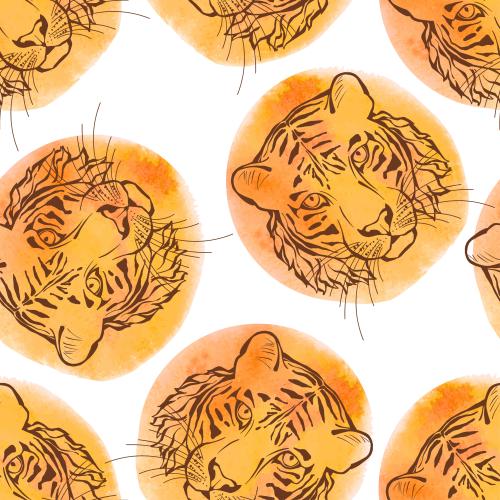 Tiger. Vektor tigerkoepfe auf orangefarbenen Aquarell-Fragmenten auf weissem