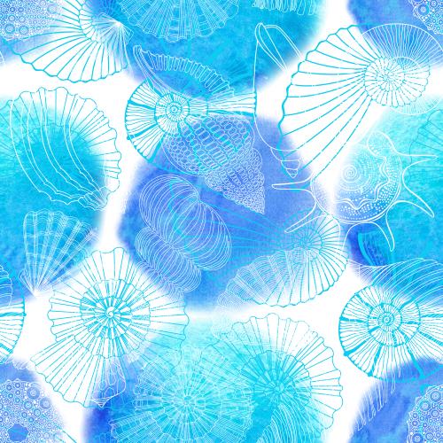 Rasterbild muscheln, seeigel, nautili, aquarellkreise auf weißem
