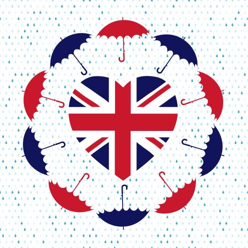 Flagge. Vektor flagge Großbritanniens in Herzform, farbenfrohe Schirme, Regentropfen auf weißem