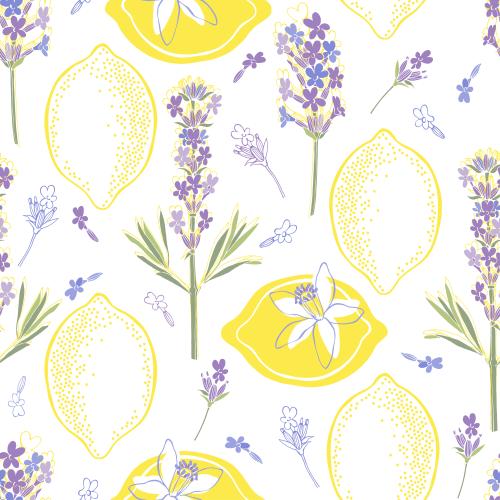 Vektorgrafik lavendel, zitronen: früchte und blüten auf weißem