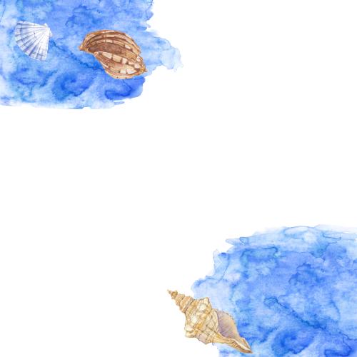 Rasterbild muscheln auf blauen aquarellfragmenten, platz für text auf weißem, eckige komposition