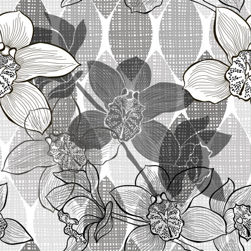 Orchidee. Vektor blühende Orchideenzweige auf abstrakten karierten Blättern