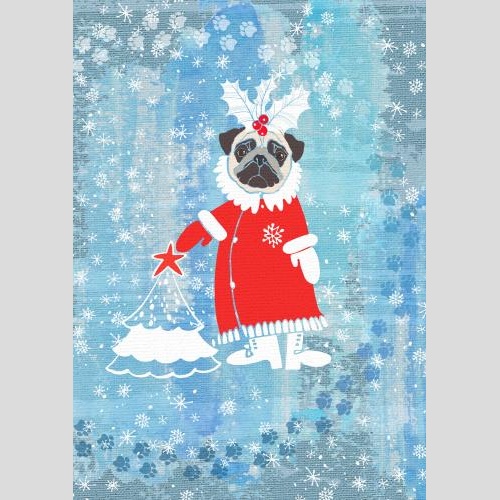 Mops. Vektor Hübscher Mops in einem Weihnachtskostüm mit einem Tannenbaum auf einem malerischen Blau