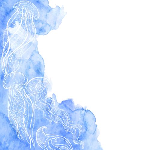 Qualle. Vektor Medusen, Wellen auf einem Aquarellfragment, Platz für Text auf weißem