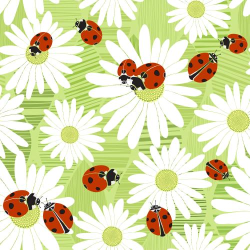 Gänseblümchen. Vektor Gänseblümchen und Marienkäfer auf grünen gestreiftem Laub