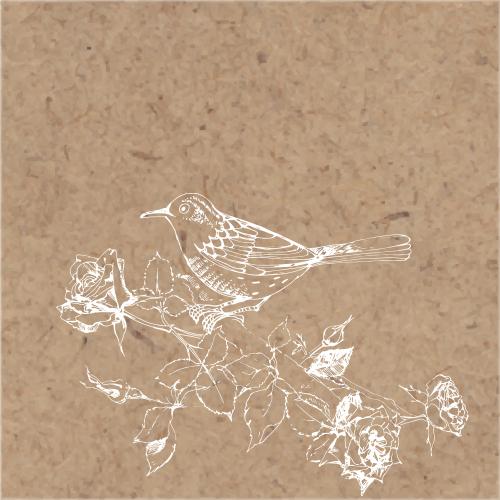 Vogel. Vektor sitzender Vogel Auf Dem Zweig Des Blühenden Rosigen Busches, Skizze Auf Kraftpapier