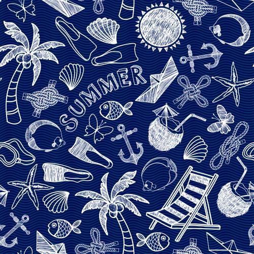 Sommer. Vektor symbole des Strandurlaubs auf den blauen Wellen