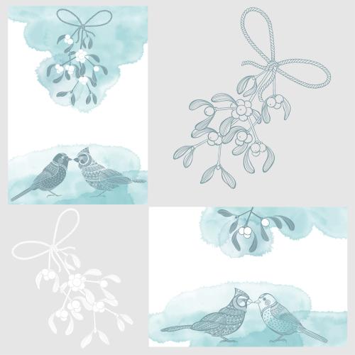 Kardinalvogel. Vektor zwei Postkarten mit Vögeln, Mistel, blauen Aquarellfragmenten