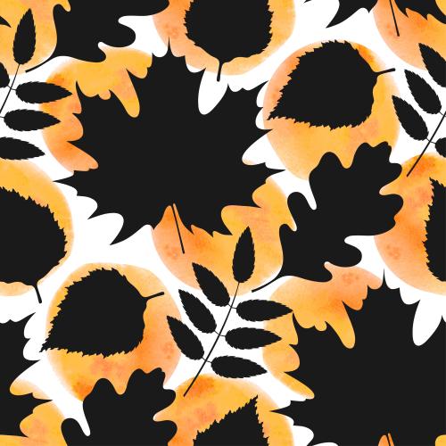 Birke. Vektor schwarze silhouetten von blattern, orangefarbene aquarellfragmente auf weissem