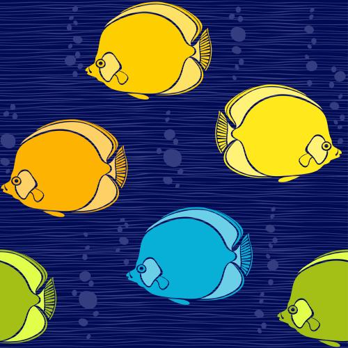 Linie. Vektor farbenfrohe Fische auf blauen Wellen