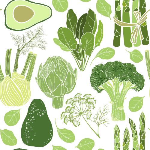 Spinat. Vektor Avocado, Artischocke, Spinat, Brokkoli, Fenchel, Spargel, Farbige Silhouetten auf weißem