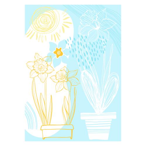 Postkarte. Vektor Frühjahrskarte mit Narzissen, Sonne und Herzen