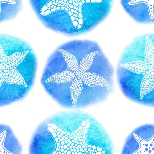 Rasterbild meersterne auf blau-gruen akvarellfarbigen kreisen auf weissem