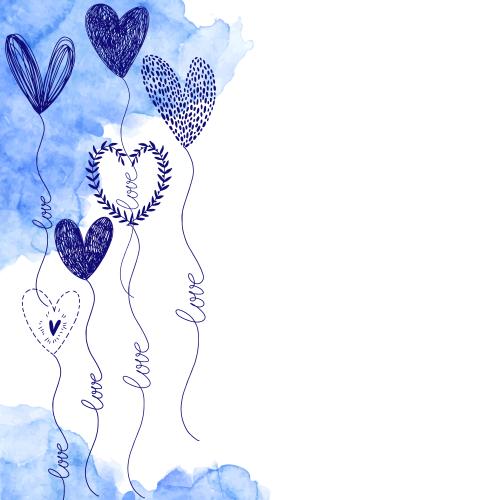 Vektorgrafik dekorative luftballons mit herzen, schriftzüge love, aquarellfragmente, platz für text auf weißem