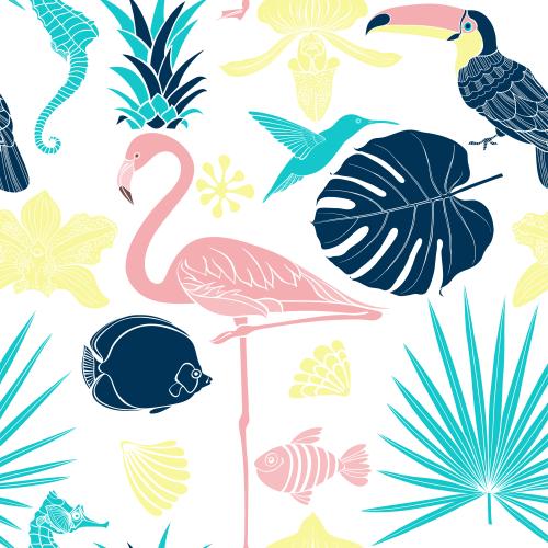 Strand. Vektor Flamingo, Tukan, Kolibri, Seepferdchen, Fische, Muscheln, Orchideen, Palmenblätter auf weißem