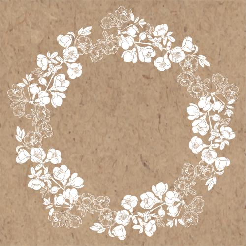 Japanische quitte. Vektor japanische Quince, Zweige mit Blumen, weiße Silhouetten, Konturen auf Kraftpapier, runde Rahmen