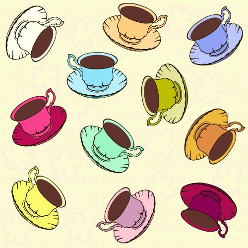 Tasse. Vektor mehrfarbige Tassen mit Untertassen und Getränk