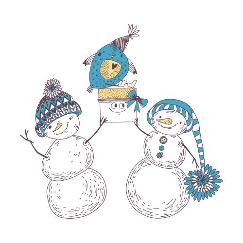 Schneemann. Vektor cartoonische schneemänner, vogel mit geschenk auf weißem