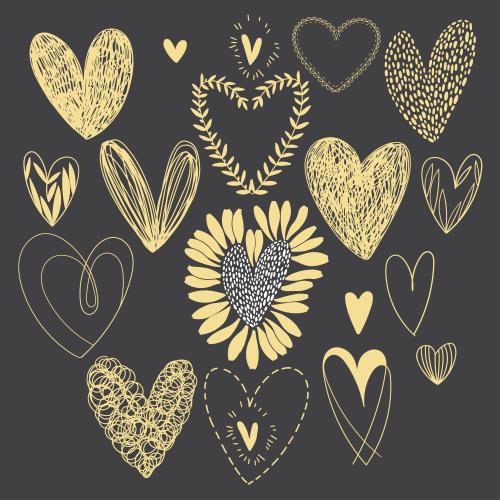 Vektorgrafik goldene herzen in doodle-stil, verschiedene varianten auf schwarzem