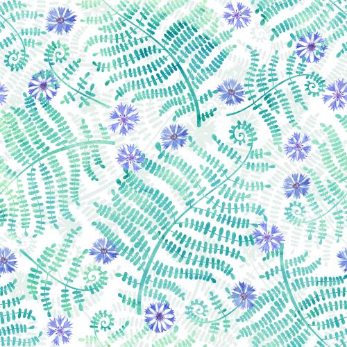 Farn. Vektor aquarellkornblumen und Farnblätter auf weiß