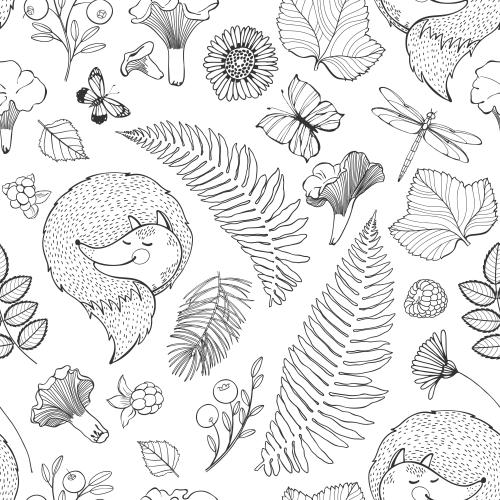 Kranbeere. Vektor schlafende Pfifferlinge, Libellen und Schmetterlinge, Blätter, Blumen, Beeren, Pfifferlinge auf weißem