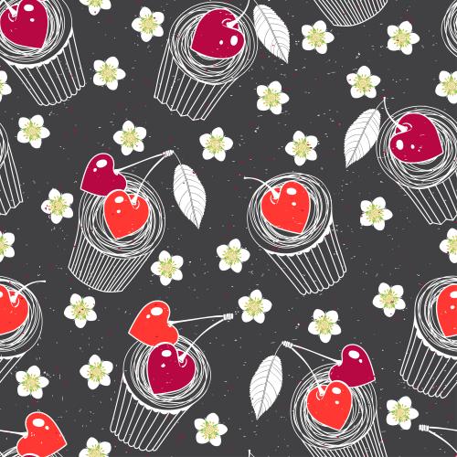Vektorgrafik kekse mit kirschen-herzchen und blumen auf schwarzem kariertmuster