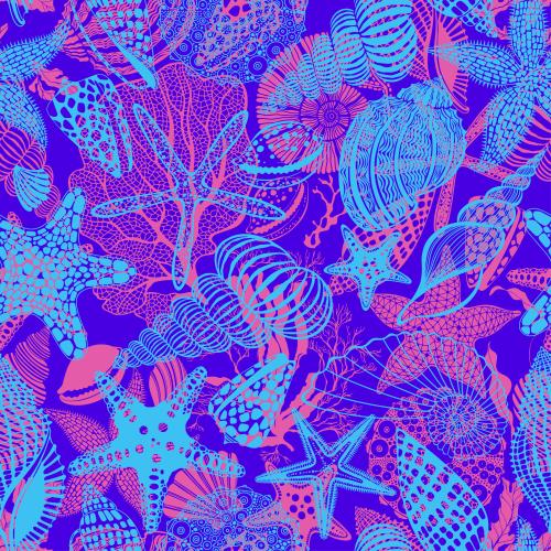 Seestern. Vektor Meeressterne, Muscheln, Nautilus, Seeigel, Korallen, Algen, helle Silhouetten und Konturen auf Blau