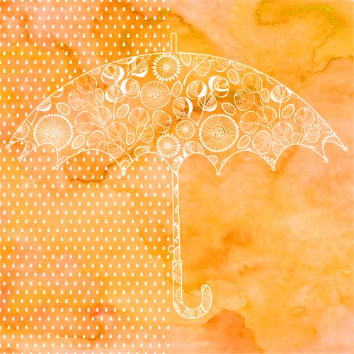 Regen. Vektor Schirm mit Muster, Regentropfen, weiße Abbildungen auf aquarellorangefarbenem