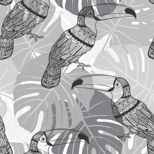 Palme. Vektor dekorative Tukane auf monochromen Palmenblättern