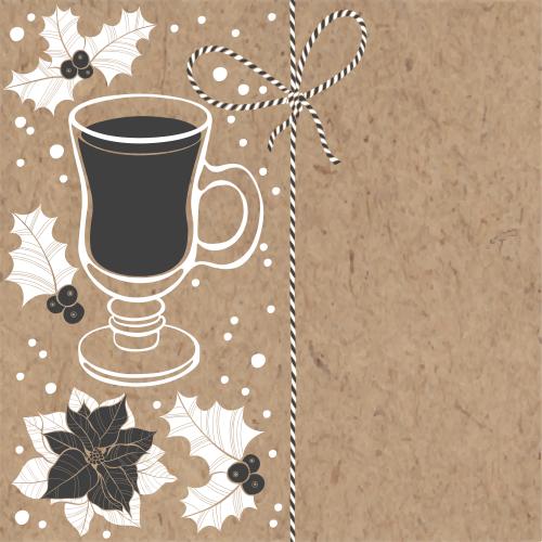 Gläser. Vektor Glühweinglas, Poinsettia, Echinacea, Schnee, festliche Schnur mit Band und Platz für Text auf Kraft