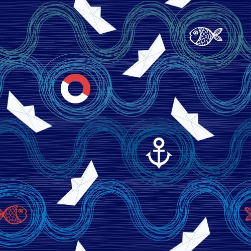 Anker. Vektor Papierboote, Fische, Rettungsring, Anker auf blauen Wellen