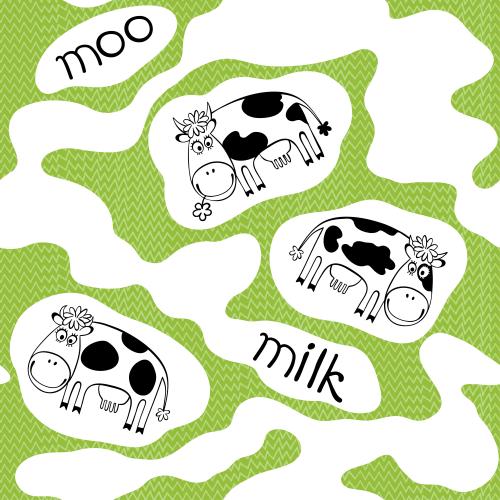 Gras. Vektor süße cartoonartige Kühe, weiße Milchflecken, Schriften 'moo', 'Milch' auf grünem Gras
