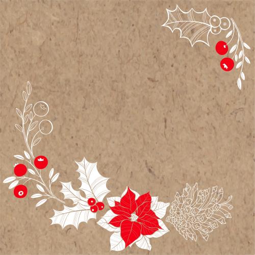 Kranbeere. Vektor Weihnachtsstern, Echinacea, Tannenzapfen, Kranbeere, Platz für Text auf Kraftpapier, Eckenkomposition