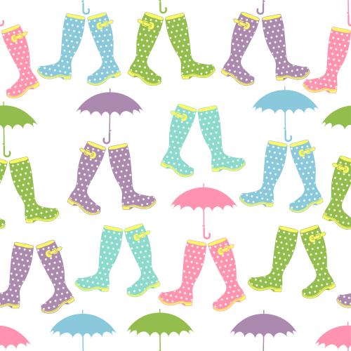 Stiefel. Vektor farbenfrohe Gummistiefel mit Karomuster und Regenschirme auf weißem