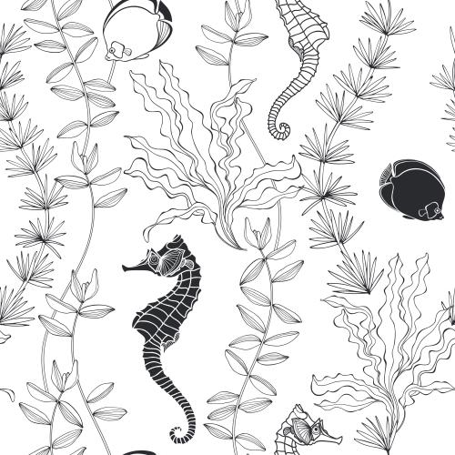 Vektorgrafik seepferdchen, fische und algen auf weißem