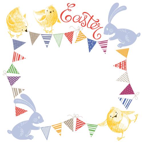 Flagge. Vektor rahmen für Text, Girlande, Zeichentrickhühner, Kaninchen und Schriftzug Easter auf weißem