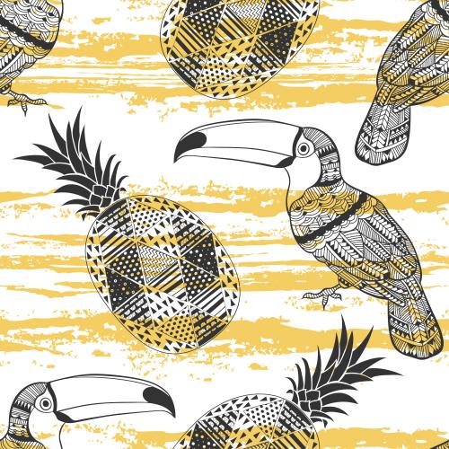 Tukan. Vektor schwarze dekorative Toucans und Ananasen, texturierte gelbe Streifen auf weißem