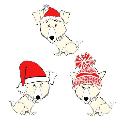 Vektorgrafik drei cartoonartige hunde in neujahrsmützen